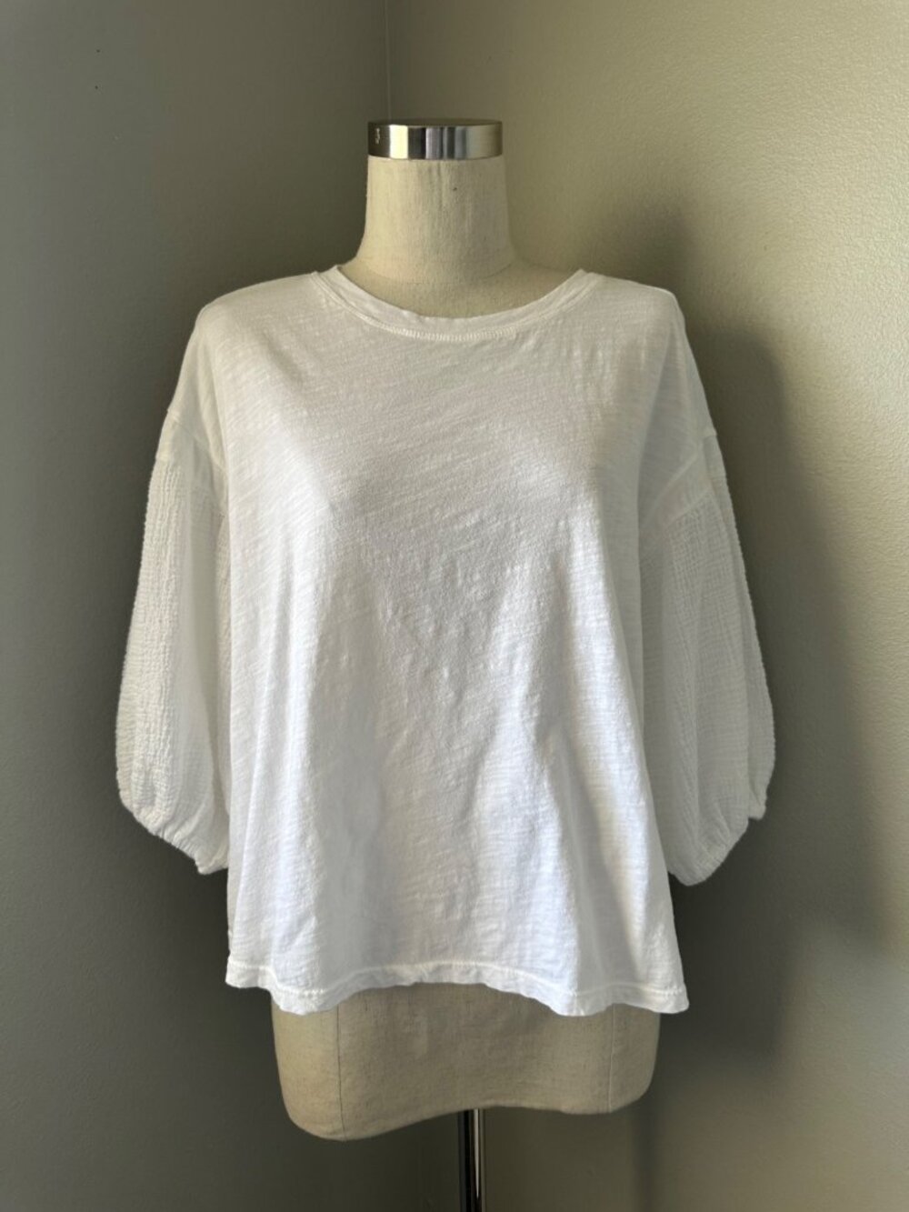 Velvet By Graham For Relaxed Fit White Cotton Blouse Gauze Puff 3/4 Sleeves Sz S
